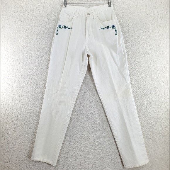 Vtg Fredericks Hollywood White Hi Rise Tapered Jean 9 10 25x30 Floral Embroidery - Picture 13 of 14
